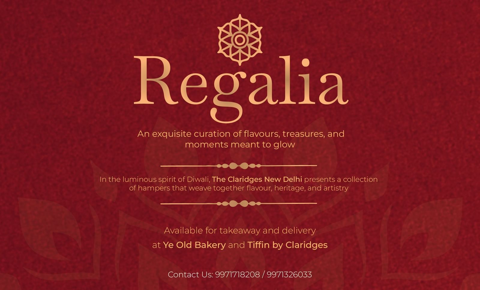 A luxurious festive gift hamper collection from The Claridges hotel in New Delhi, displayed with ornate packaging and goods