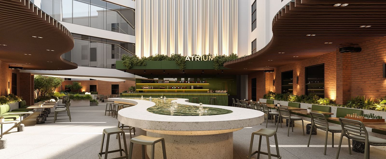 Comfortable dining seating at the Atrium at The Pelican Hotel, Accra.