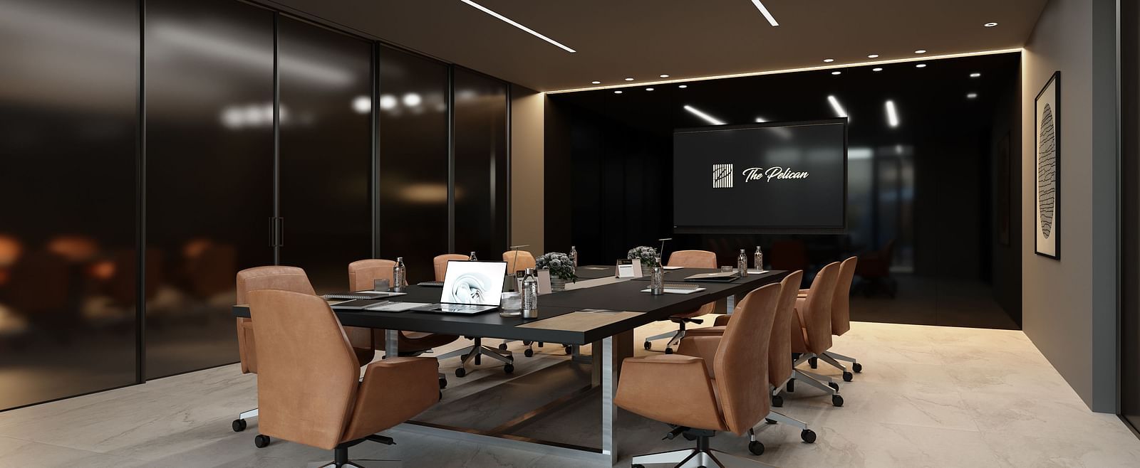 A boardroom meeting area with a large table surrounded by chairs at The Pelican Hotel, Accra.