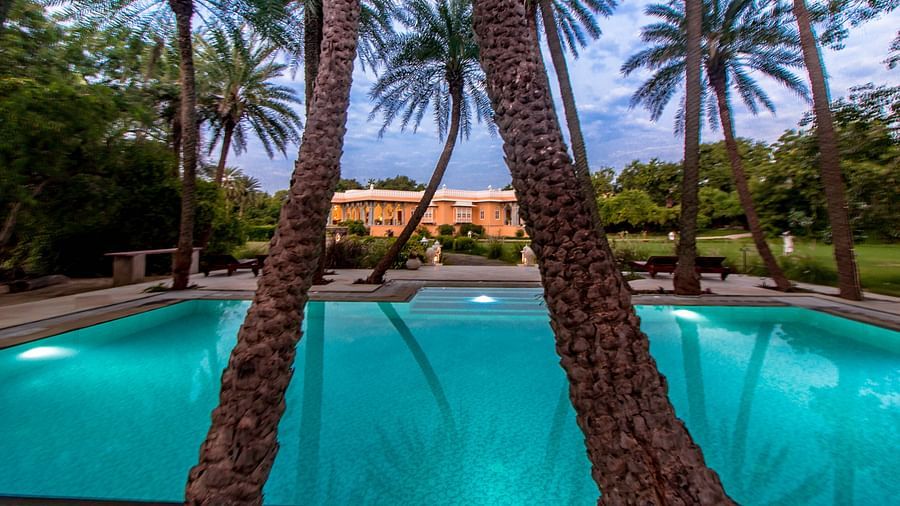 image of a beautiful Swimming pool lined by palm trees at Dev Shree, deogarh