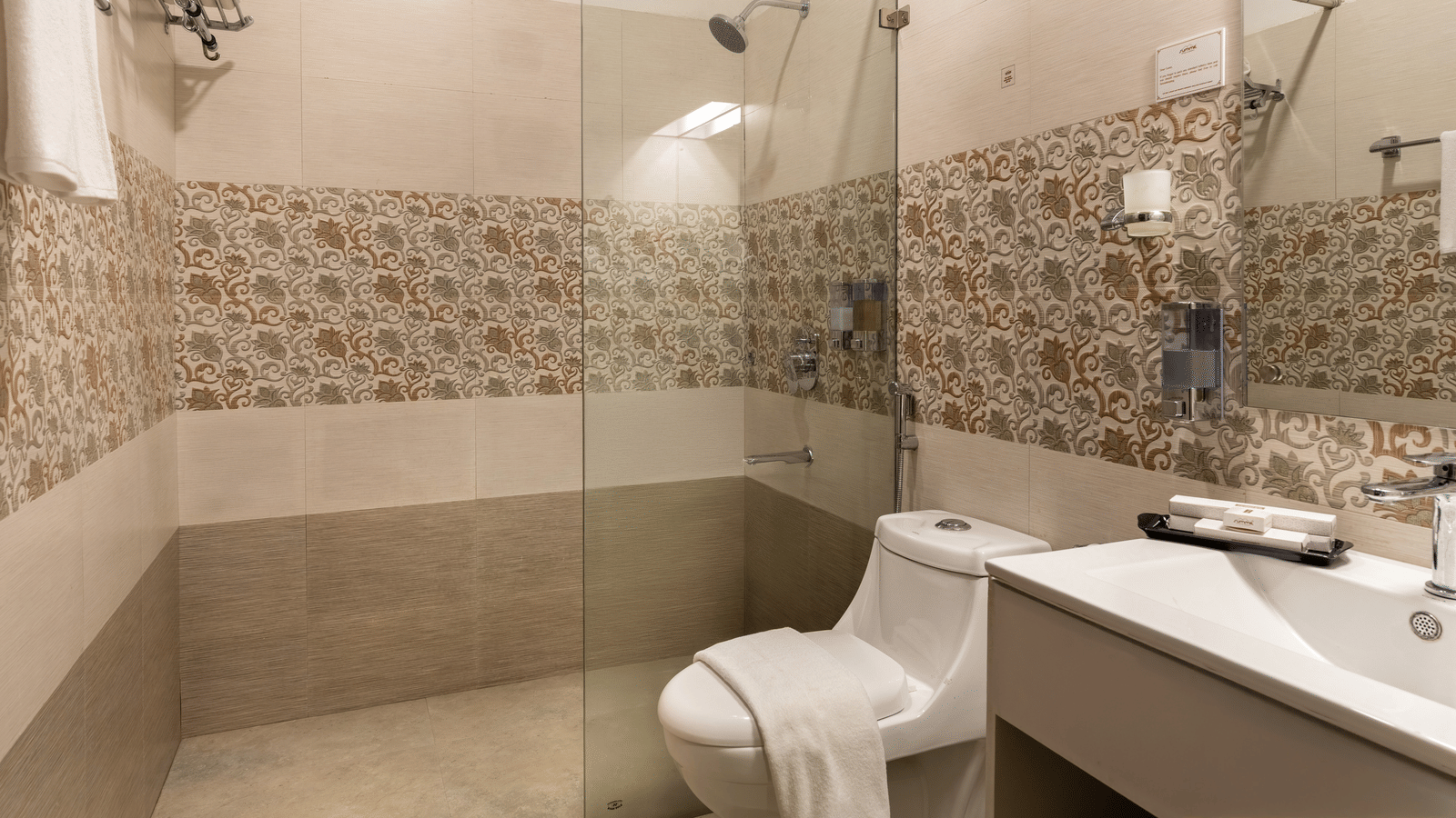 Washroom at Deluxe Valley View Room at Summit North Star, Gangtok featuring wash basin with faucet, a commode, a shower screen and shower head, and some toiletries.