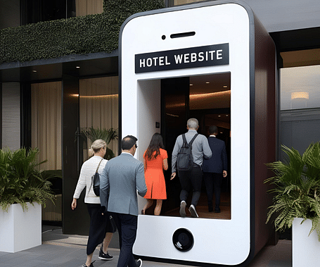 People entering a building through an entrance shaped like a giant smartphone labeled 'HOTEL WEBSITE.'