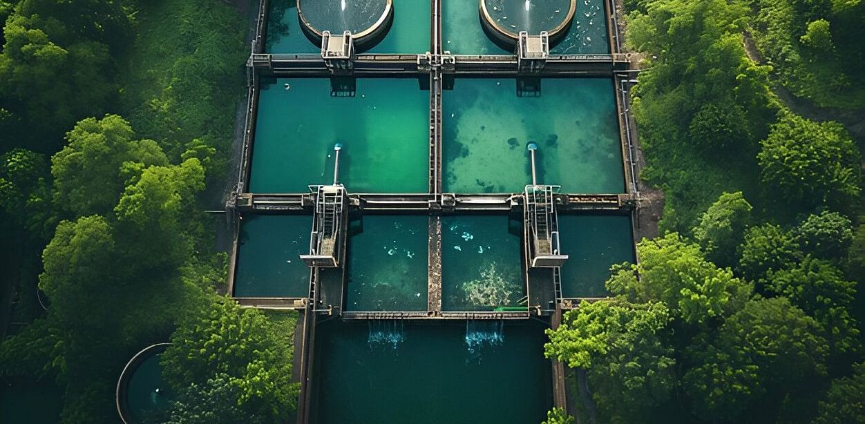 An aerial view of a structure with a green surface, possibly a pond or a specialised industrial facility.