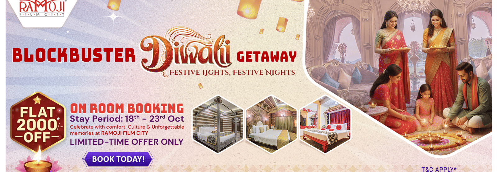 Blockbuster Diwali Getaway offer with flat ?2000 off on room bookings, featuring festive decorations and guests celebrating Diwali at the hotel