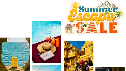 Travel collage with summer escape sale message showing different destinations deals and vacation planning inspiration