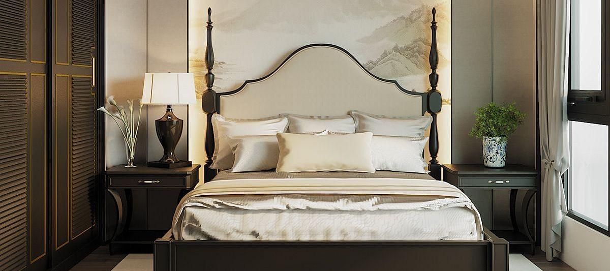 A room featuring a front view of the bed, with bedside tables on either side and windows to the sides at The Evren, Vagator.