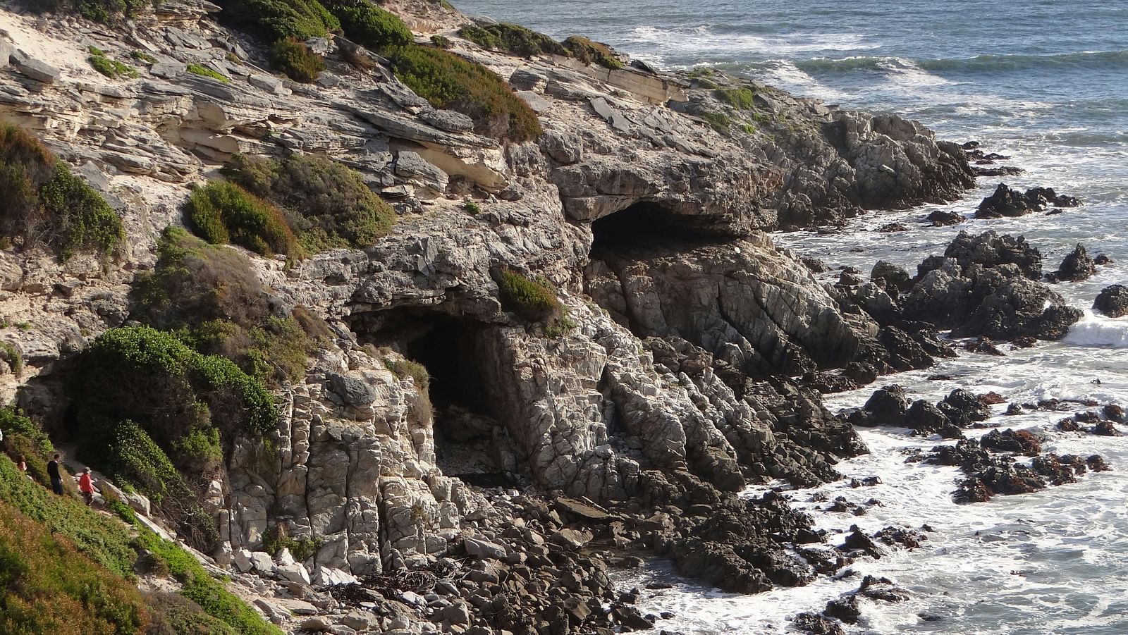 A far view of a cave next to a beach with vegetation on the side
