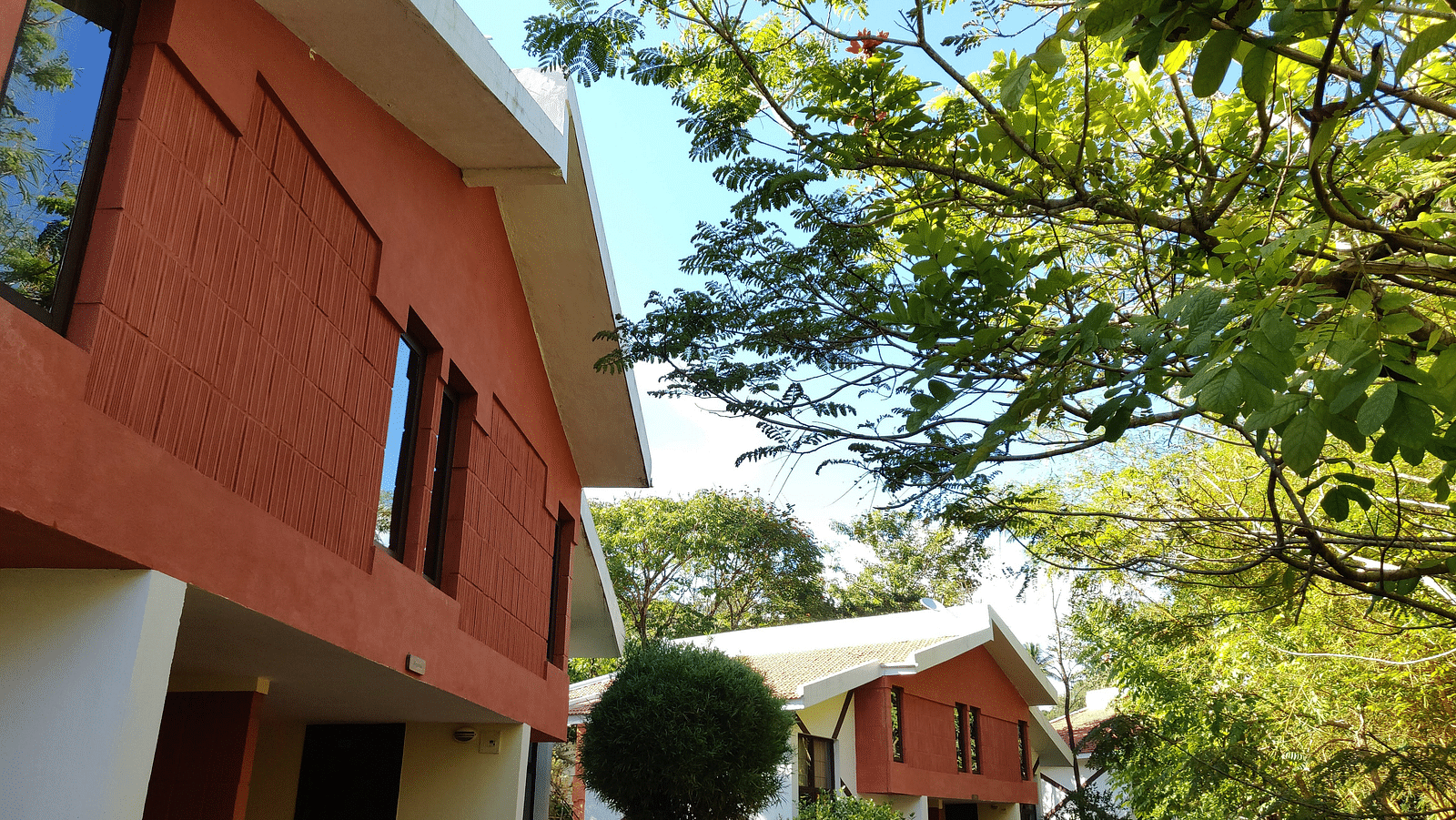 Two-story cottages with orange-red facades and white roofs peek through green foliage under a clear blue sky.