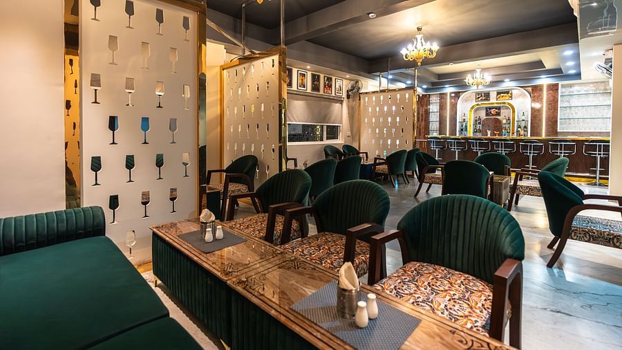 chairs and desks arranged in the bar