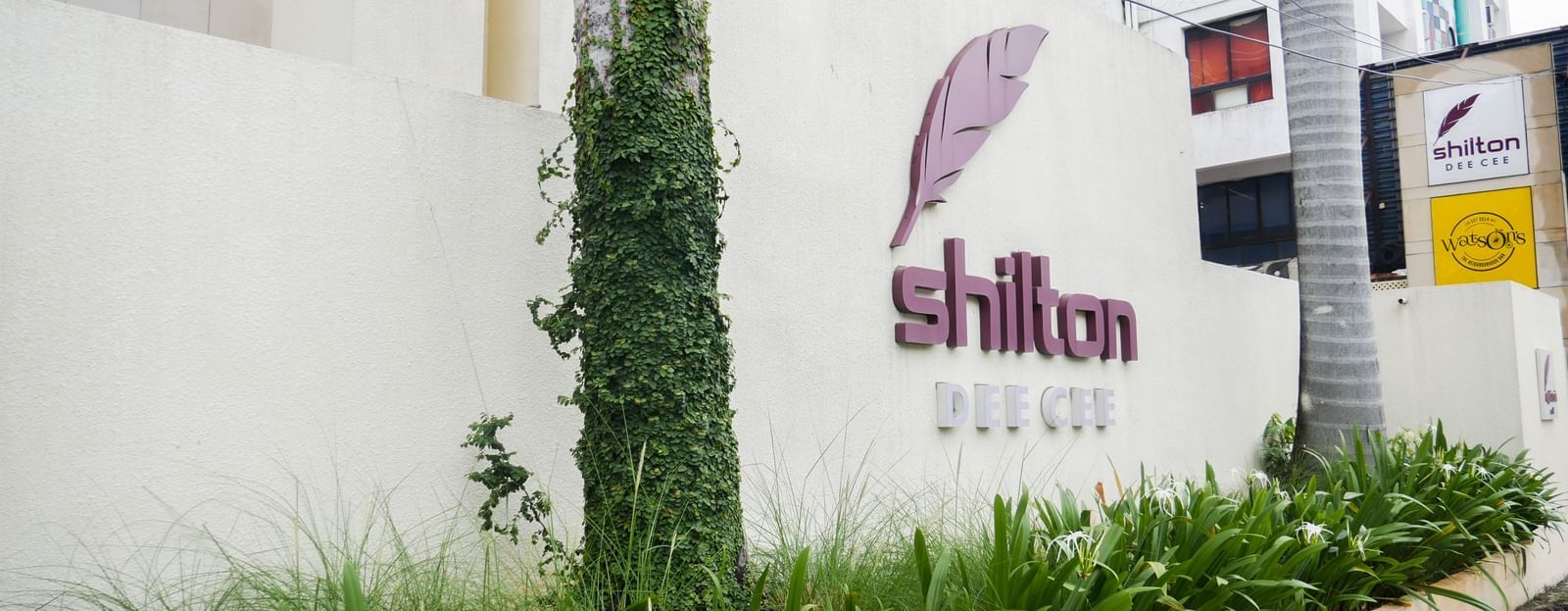 The exterior hotel sign of Shilton Dee Cee, set amidst green foliage and the building facade.