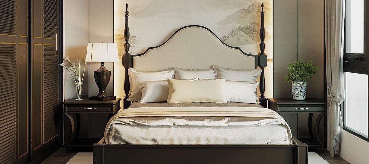 A room featuring a front view of the bed, with bedside tables on either side and windows to the sides at The Evren, Vagator.