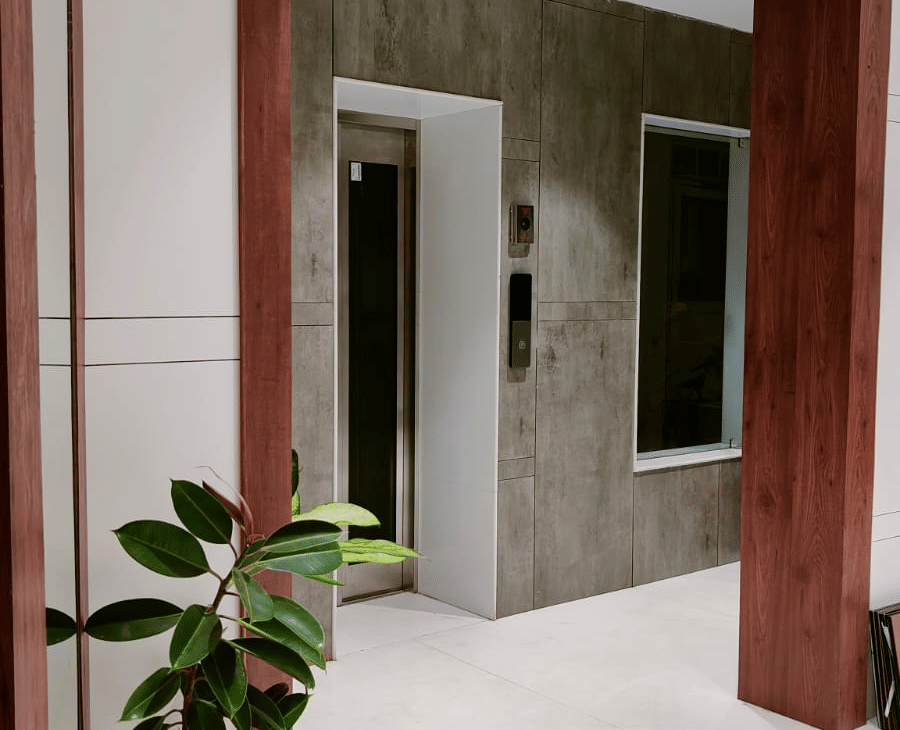 A hallway entrance with a potted plant next to a wooden archway - Hotel Dolphin Puri