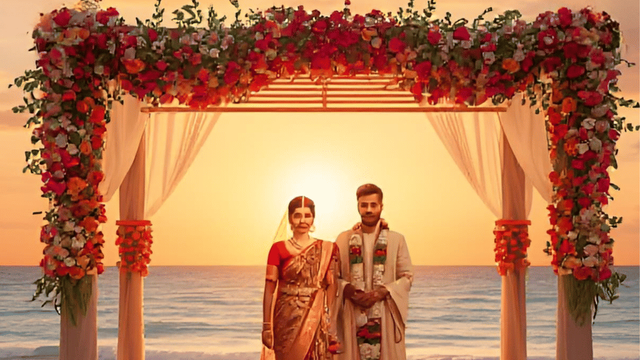  couple stands under a wedding arch on a beach at sunset, advertising a beach wedding destination