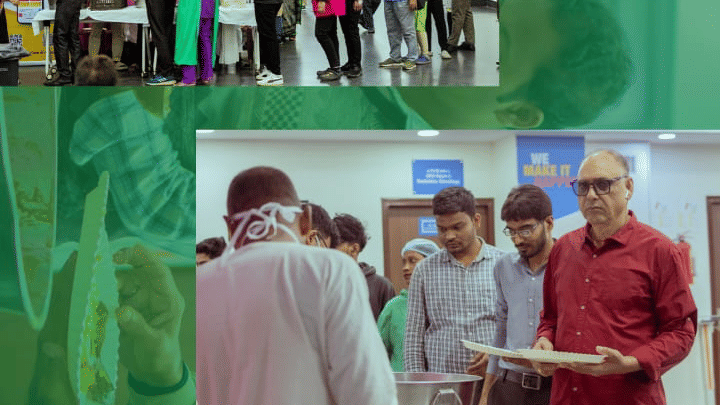 Volunteers at HCG Hospital serving meals to patients and visitors as part of the Annakshetra initiative, with people standing in line and receiving food in a clean, organised setting.