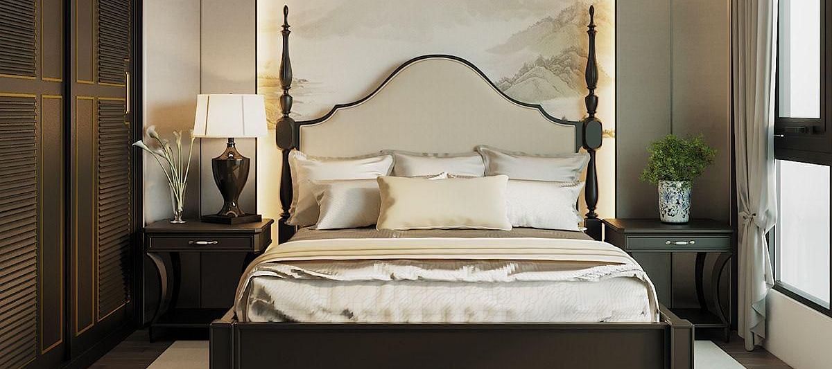 A room featuring a front view of the bed, with bedside tables on either side and windows to the sides at The Evren, Vagator.