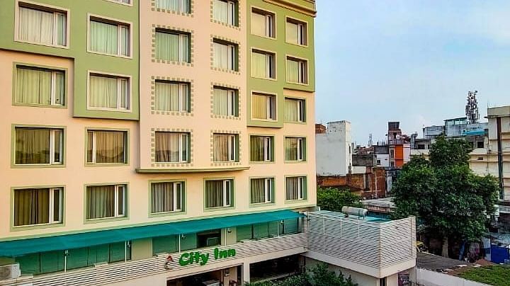 An aerial view of the facade of our hotel near Varanasi Railway Station | Hotel City Inn, Varanasi