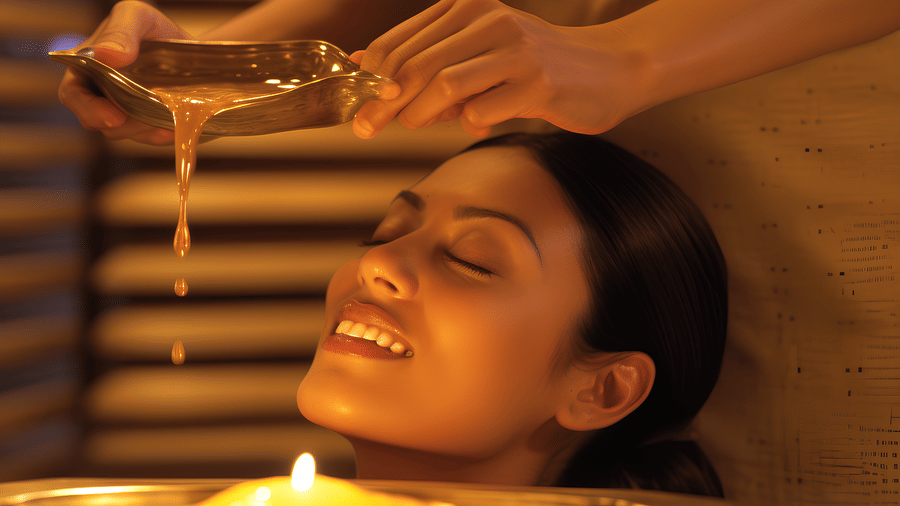 A woman getting ayurvedic treatment by a masseuse, staged in a golden tint