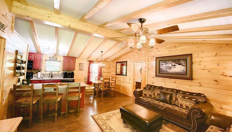 the living room of the river cabin featuring a common seating area along with the dining area - Historic Tapoco Lodge