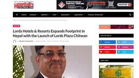 A PR post by Hospitality Biz showcasing Lords Hotels & Resorts Opens New Gateway to Chitwan’s Wild Landscapes.