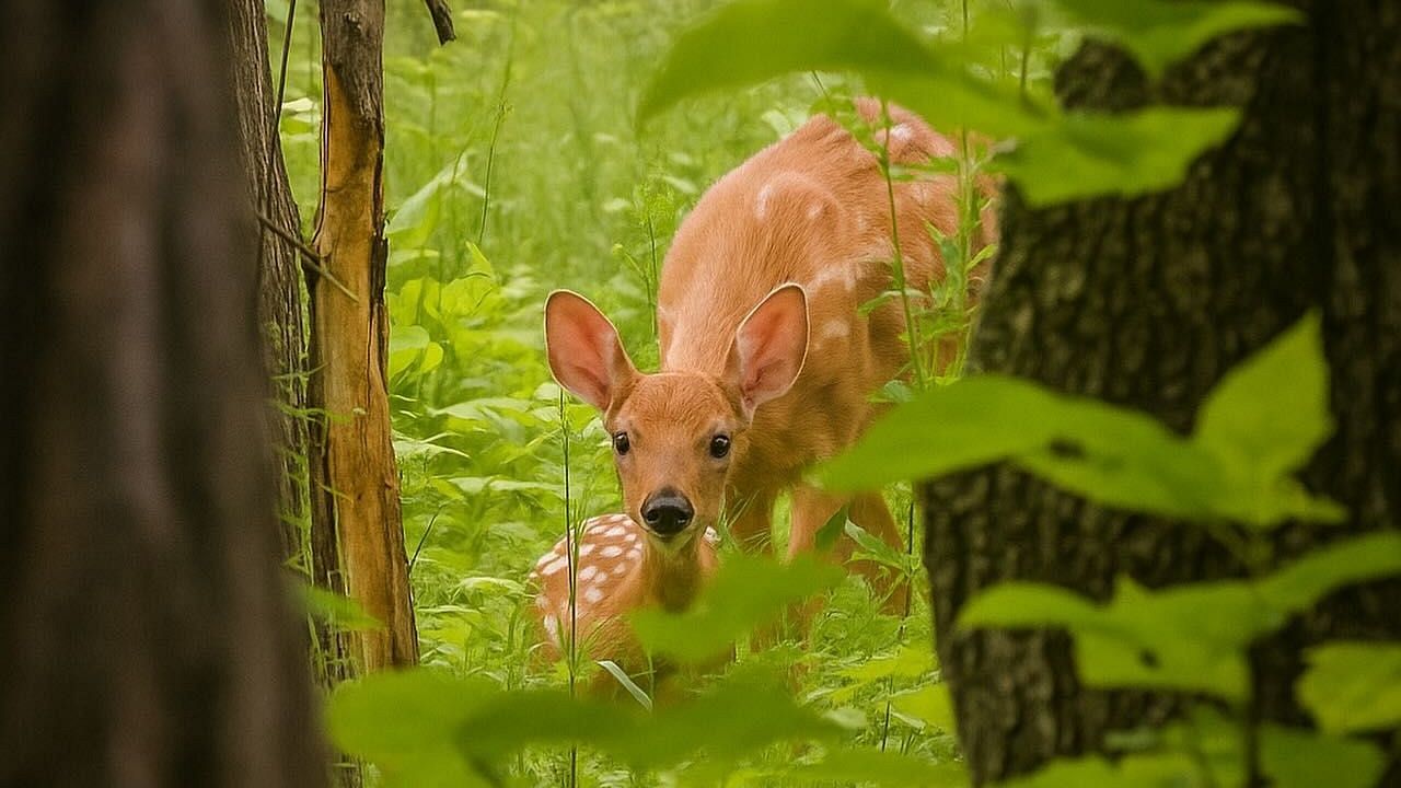 A young spotted deer fawn with large ears stands among lush green ferns and vegetation in a wooded area near a wooden fence