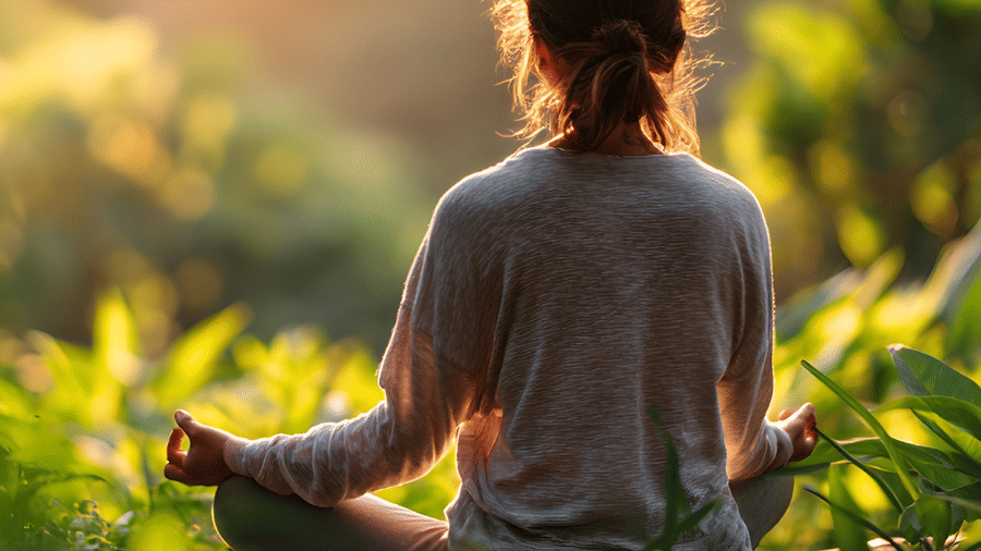 Rear view of a person practising yoga or meditation in a sunlit green forest clearing.