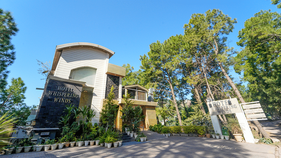 A facade image of DLS Whispering Winds surrounded by trees and greenery