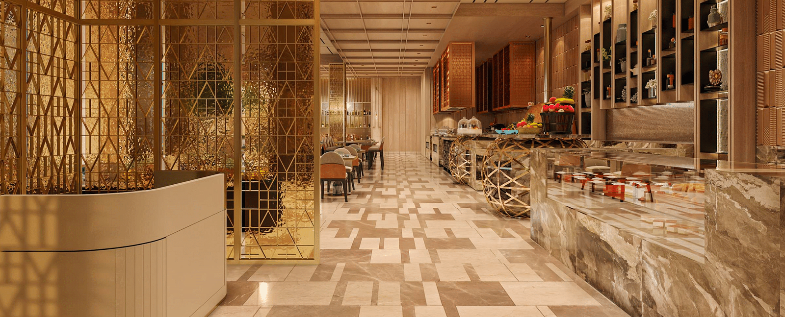 A  warmly-lit restaurant seating hallway with chairs and tables on either side