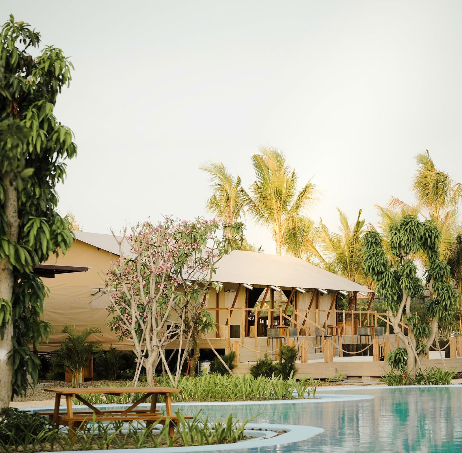 A tranquil scene at WoCAL Retreat Ke Ga featuring a curved-edge swimming pool in the foreground that mirrors the sky and surrounding greenery, with peaceful resort accommodations nestled among tall palm trees and lush vegetation in the background.