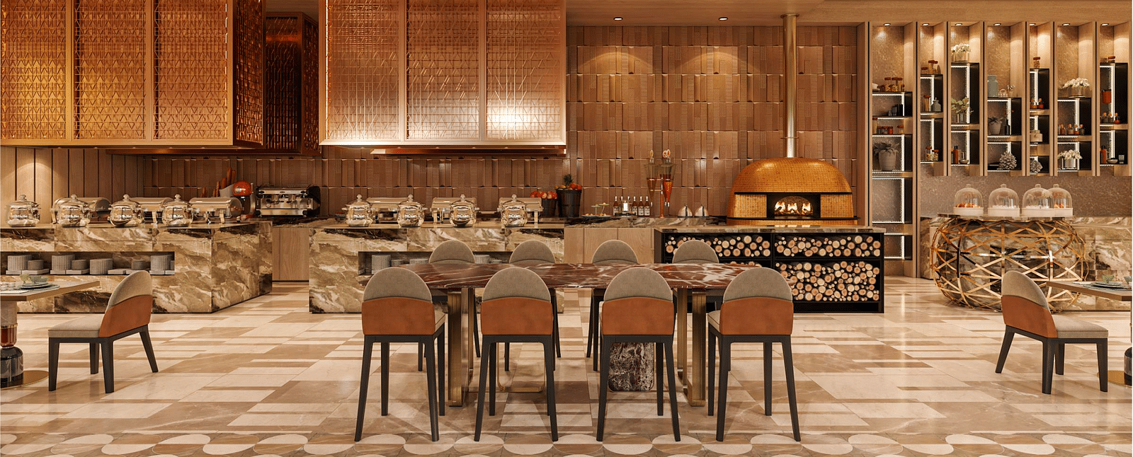 A buffet area and seating area with chairs and tables set for diners, modern interiors and well-lit