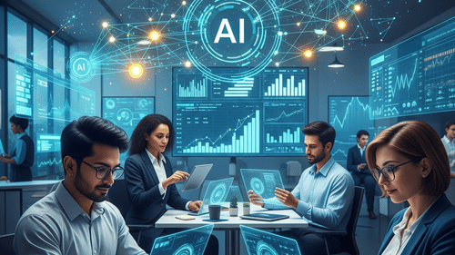 An AI generated image of people using AI in a Fintech background - Jio World Convention Centre Events.