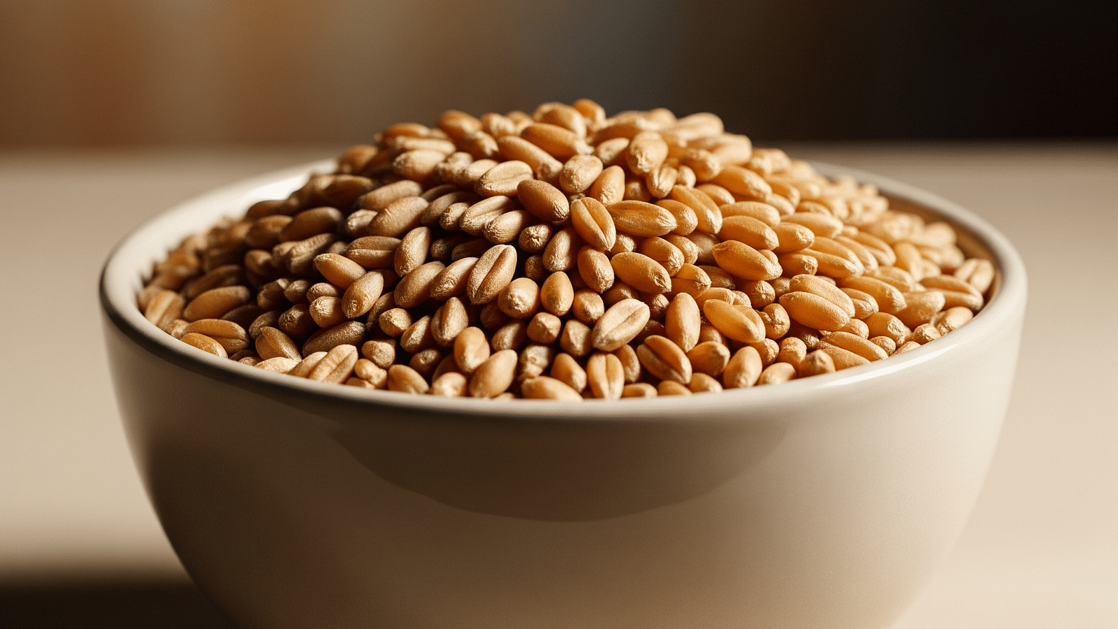 A ceramic bowl filled with whole wheat grains placed on a neutral surface with a softly blurred background.