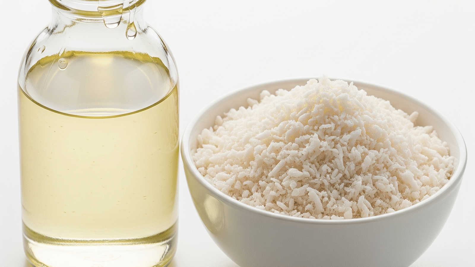  A small transparent bottle of coconut oil placed next to a white bowl filled with freshly grated coconut on a light surface.