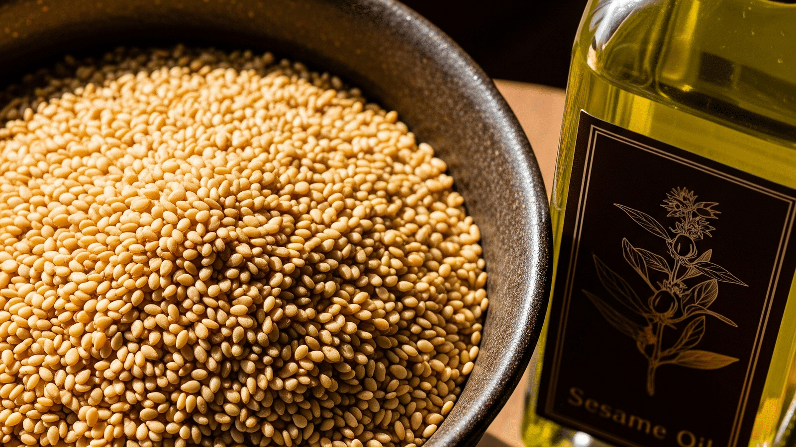  A bottle of sesame oil placed next to a bowl filled with freshly sesame on a light surface.
