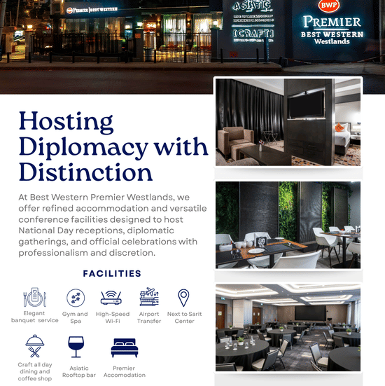 A promotional banner for Best Western Premier Westlands hotel, featuring images of the exterior, lobby, conference room, and facilities list including gym, spa, and dining options.