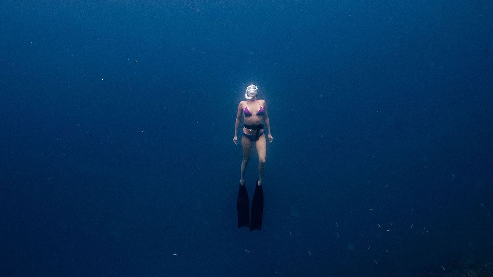 Person floating upright in deep blue water during a dive at Flower Island Resort.