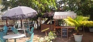 An outdoor cafe scene features turquoise chairs and white tables under a large umbrella, surrounded by lush green foliage and potted plants, with additional seating visible in the background.