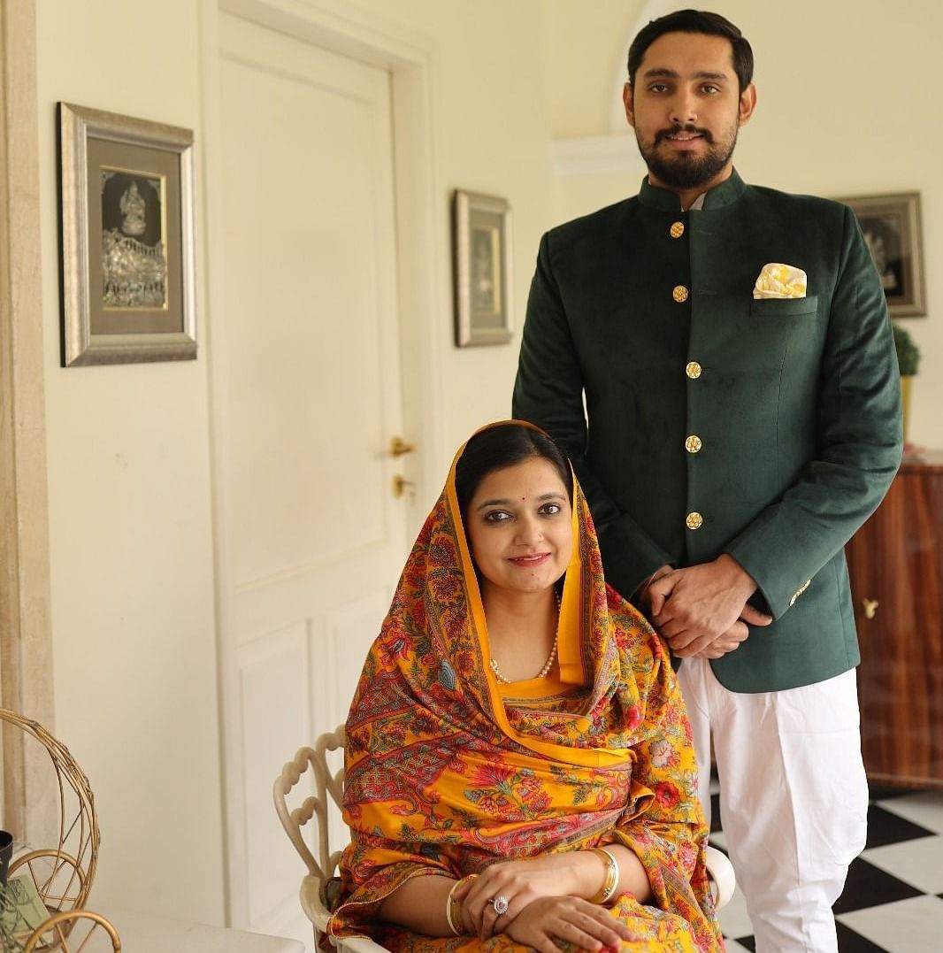 Mrs. Satkriti Singh & Mr. Devraj Singh Karansar posing for a photo in the corridor area of Dileep Kothi, Jaipur