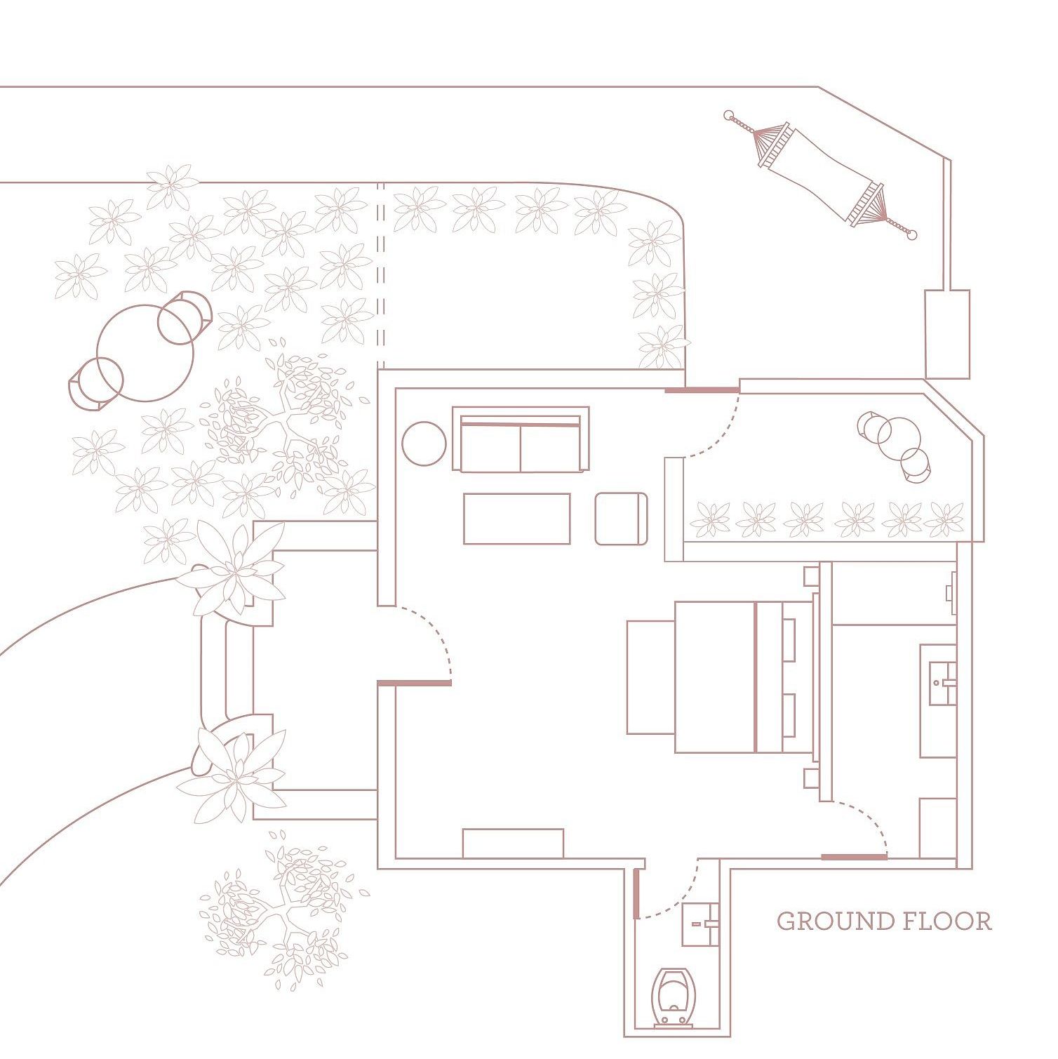 Rabbits burrow floor plan layout showing the property map and structures within Karma Chalets.
