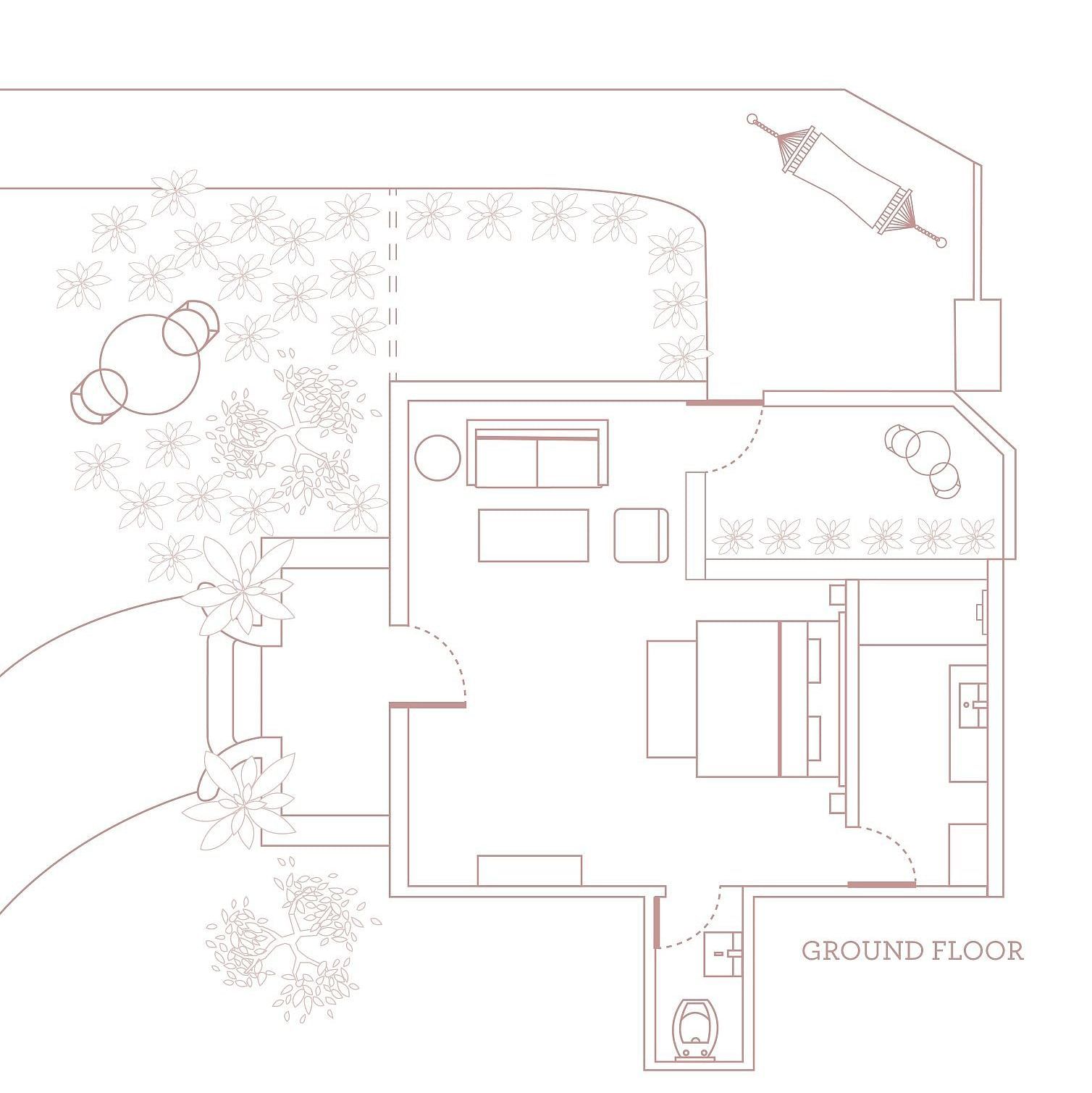 Rabbits burrow floor plan layout showing the property map and structures within Karma Chalets.