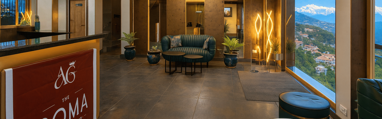 Luxury hotel lobby and reception area in Darjeeling with chandelier lighting, modern seating, elegant interiors, and large window showcasing panoramic mountain views