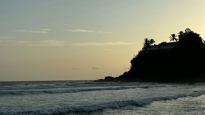 beach with a small cliff with a a house on top and coconut trees on the sides
