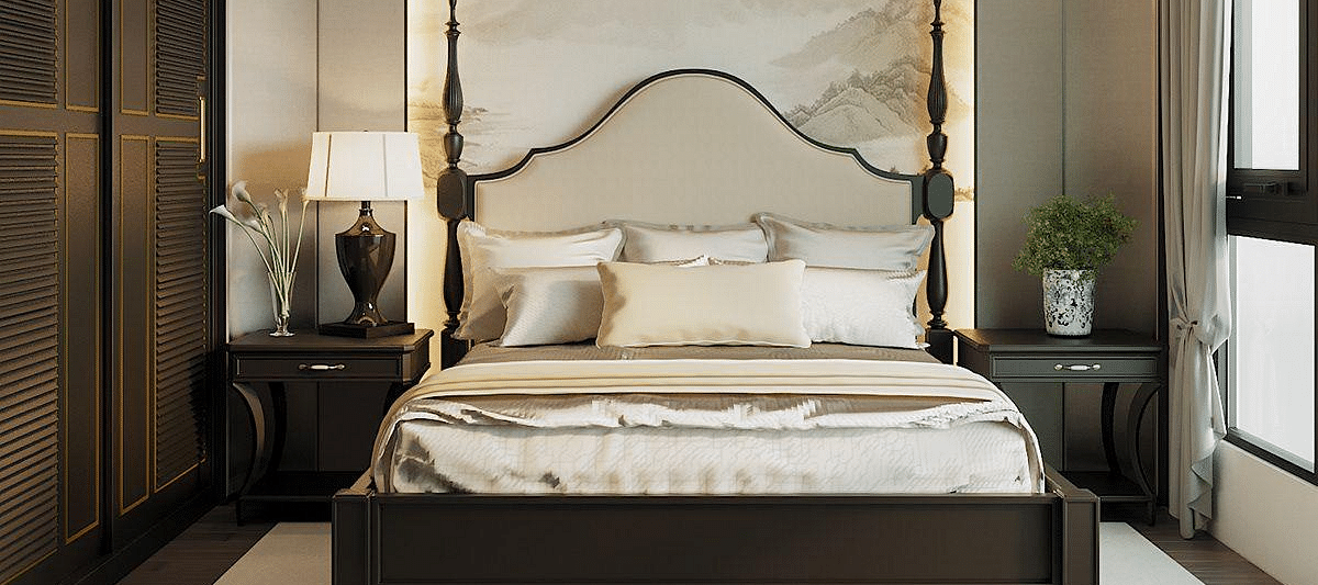 A room featuring a front view of the bed, with bedside tables on either side and windows to the sides at The Evren, Vagator.