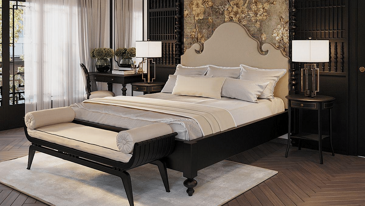 A spacious room with a diagonal view of the large bed, and a large window to the side at The Evren, Vagator.