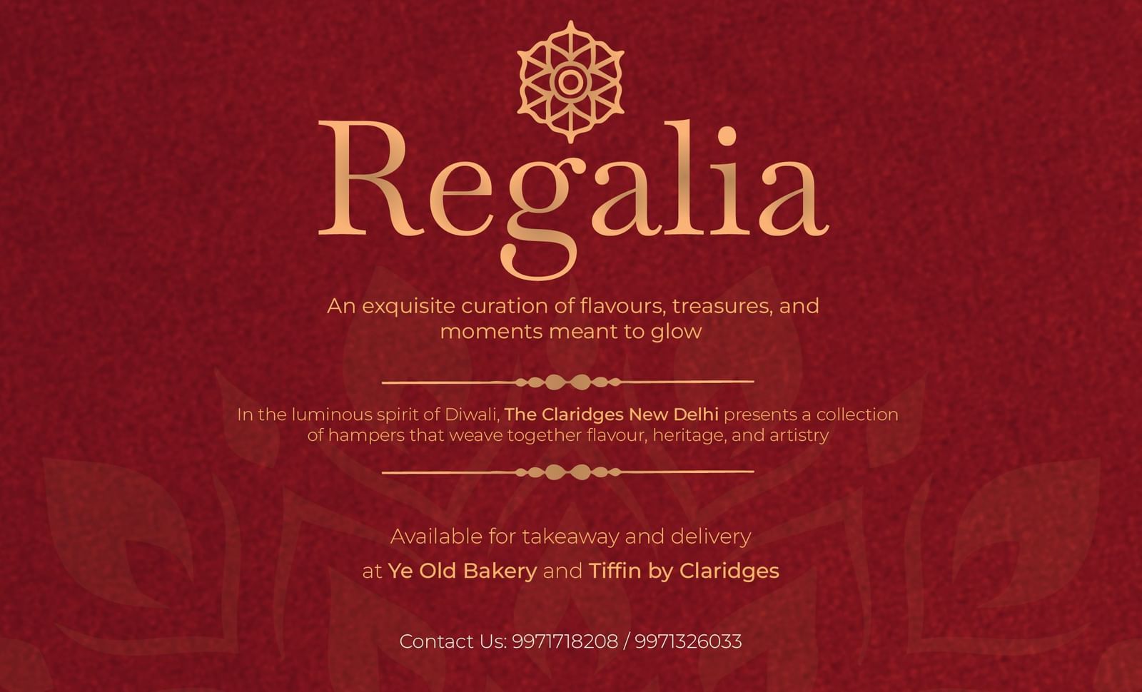 A luxurious festive gift hamper collection from The Claridges hotel in New Delhi, displayed with ornate packaging and goods