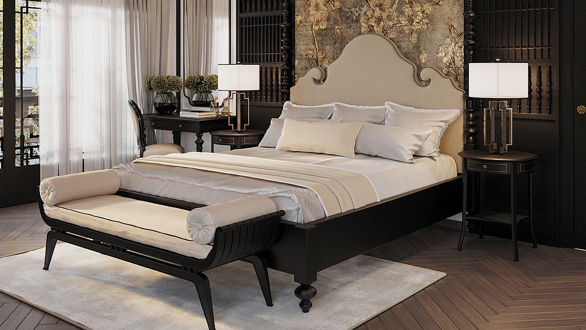 A spacious room with a diagonal view of the large bed, and a large window to the side at The Evren, Vagator.