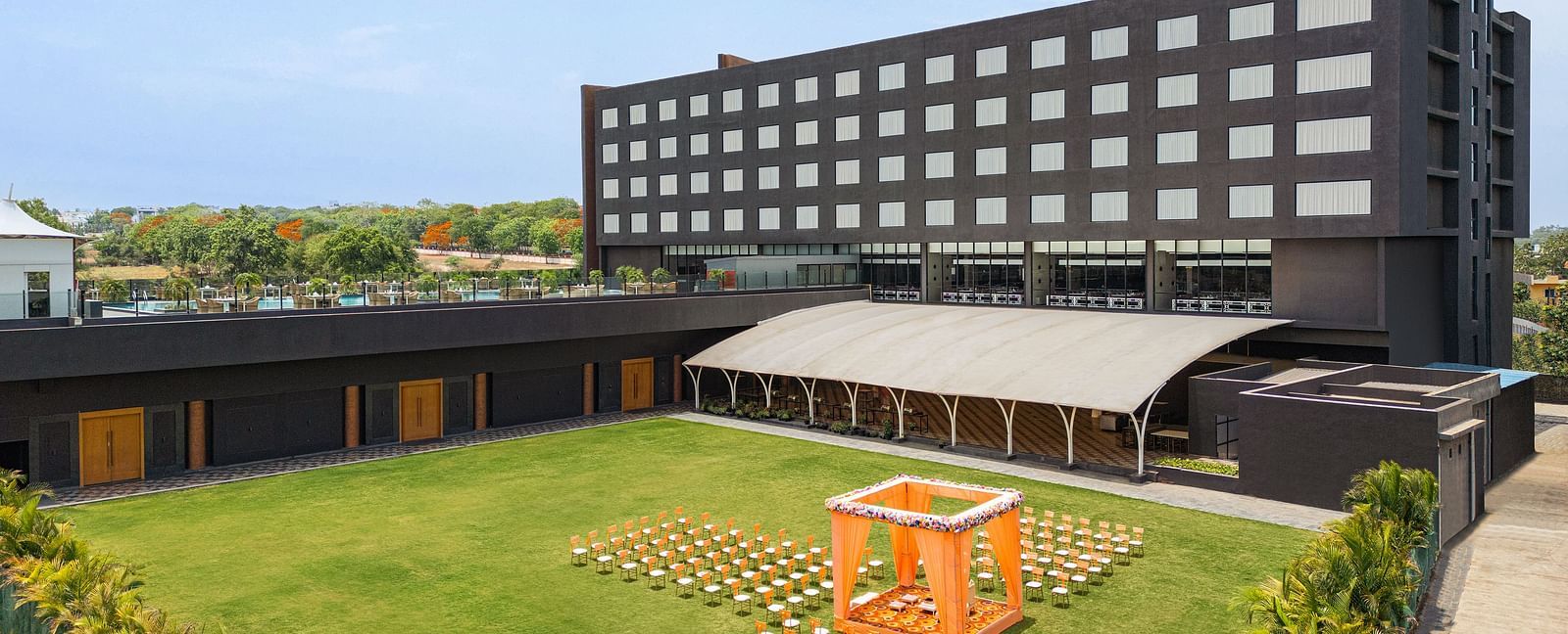 Wedding arrangement in Gulmohar Lawn at Essentia Luxury Hotel, Indore.