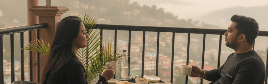 A couple sitting in a cozy Kurseong hotel room, enjoying a cup of tea while looking out at a scenic view of the city and the Giddha Pahar mountains.