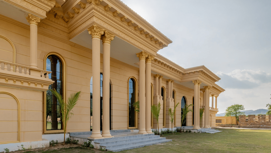 Grand entrance pillars of The Royal Knot banquet hall at Valley by Grassfield, a banquet hall venue in Jaipur.