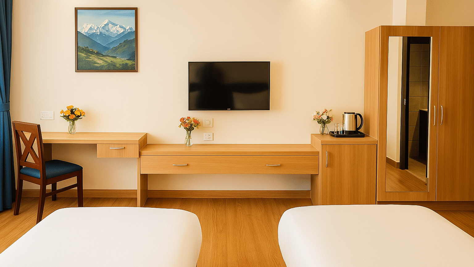 Executive Twin Room with cosy twin beds, wall-mounted TV, and a corner chair-table setup at Summit Norling Resort & Spa, Gangtok