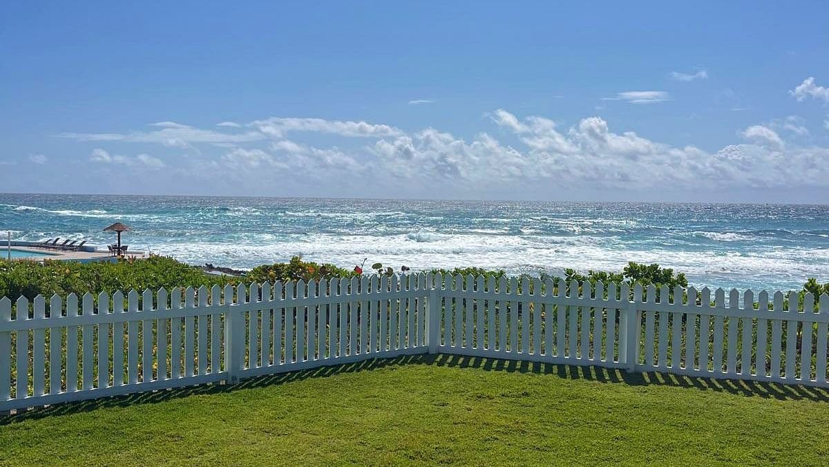 A view of the ocean with gentle waves breaking on the shore, framed by a grassy area and a clear sky | Abaco Inn
